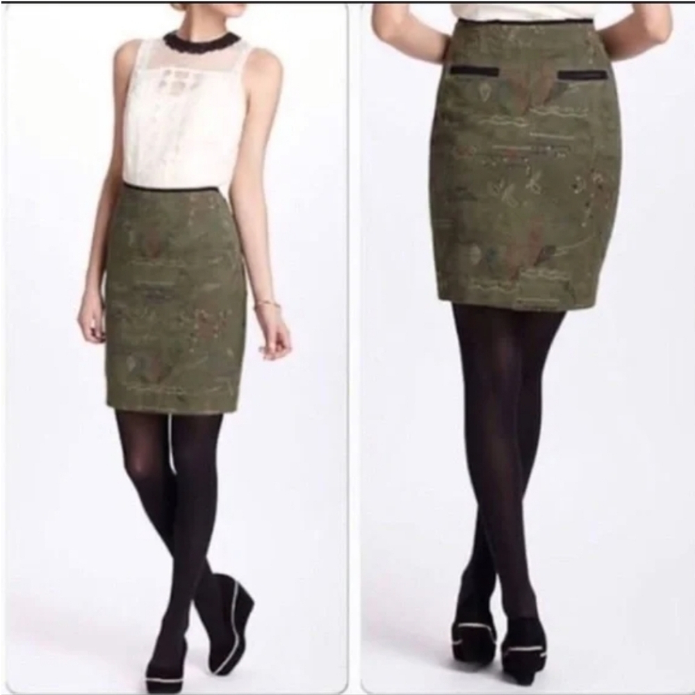 Meadow Rue Anthropologie Green Geometric Abstract Embroidered Pencil Skirt Sz 2